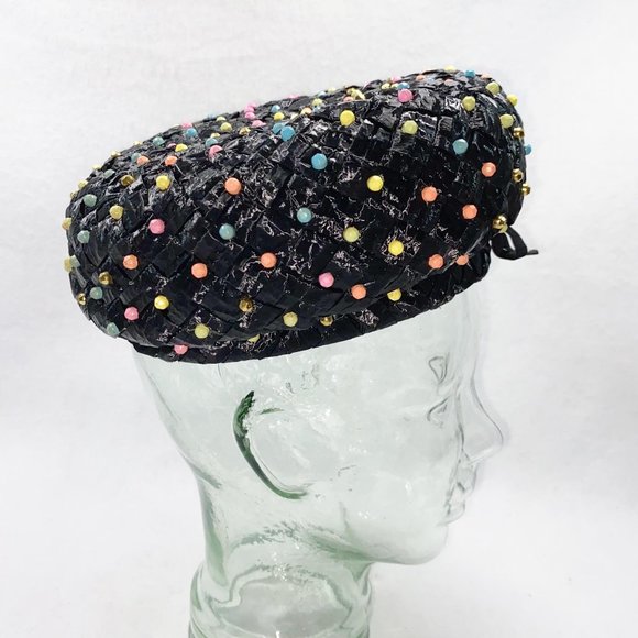 Vintage Black Rainbow Neon Rhinestone Studded Beret main image 6